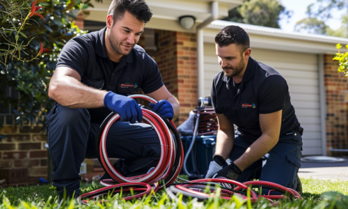 Two plumbers clearing a blocked drain using advanced tools in a backyard.