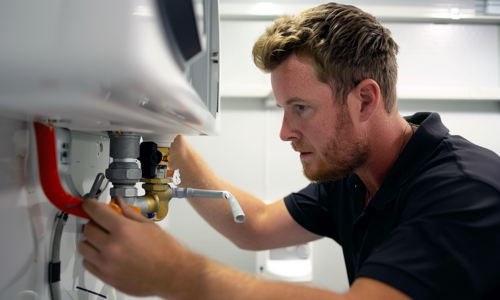 A professional plumber inspecting and repairing a hot water system in Denistone.